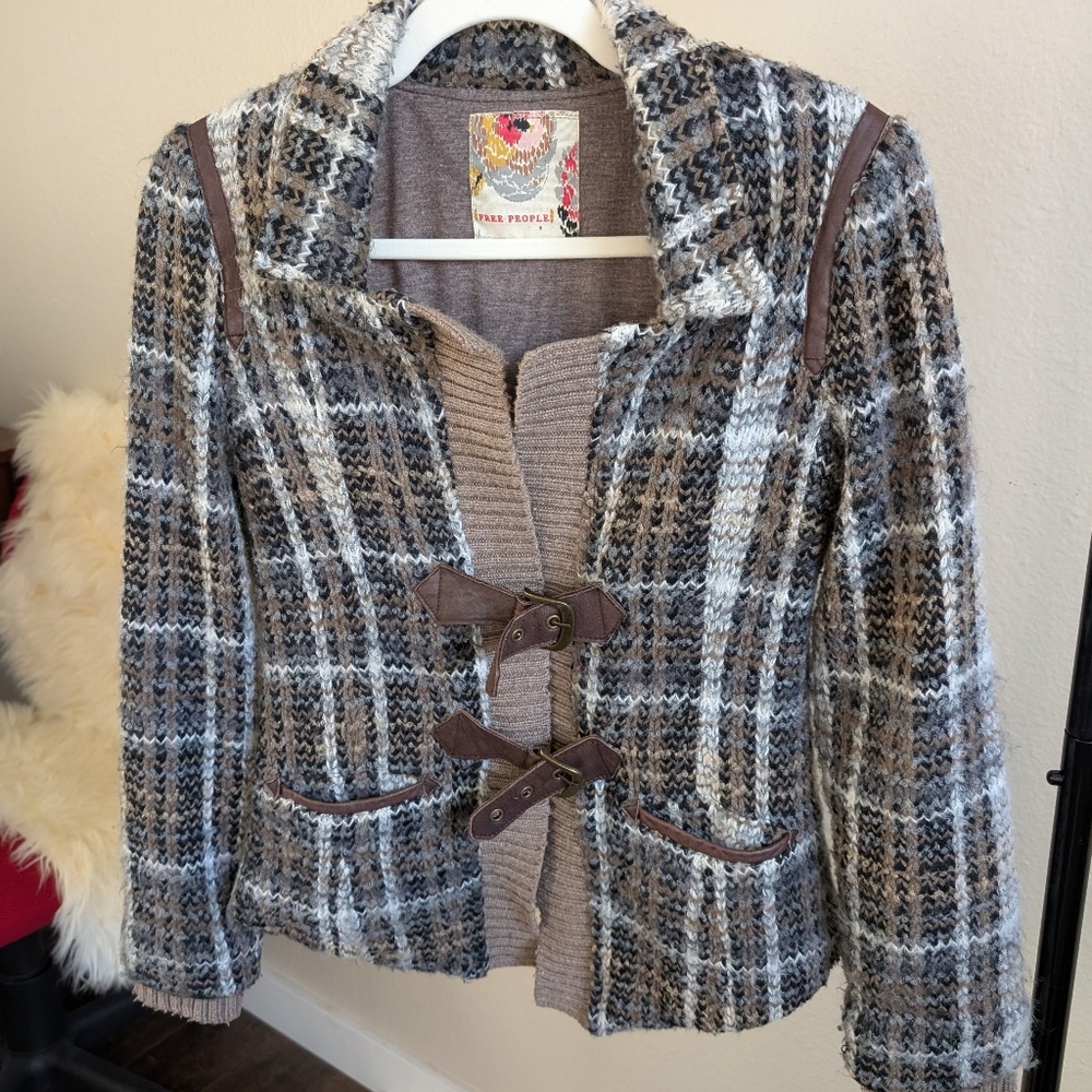Free People plaid wool blend jacket with faux leather, brass, and knit details